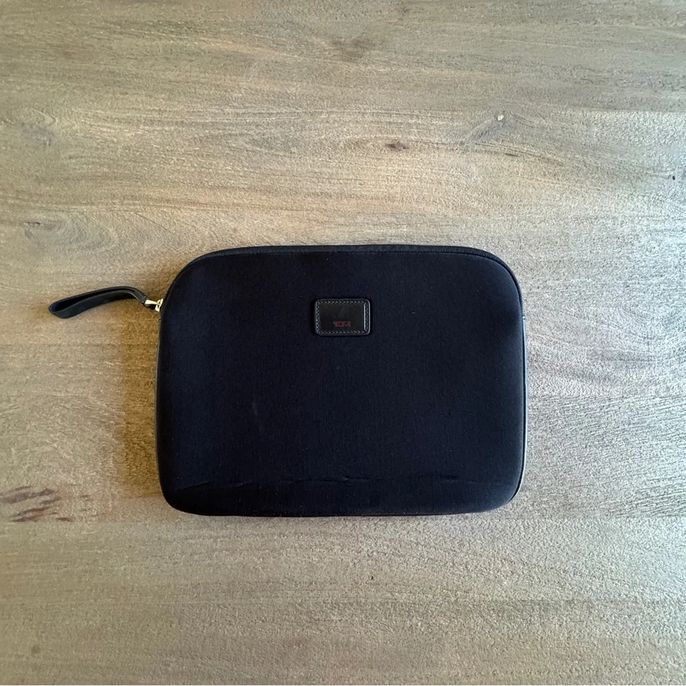 Tumi Black Neoprene Ipad Zippered Storage Case with Leather Tumi Logo